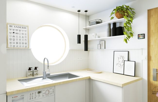 Rénovation d'une arrière cuisine et conception de meuble sur mesure dans une maison moderne. Décorateur d'intérieur
