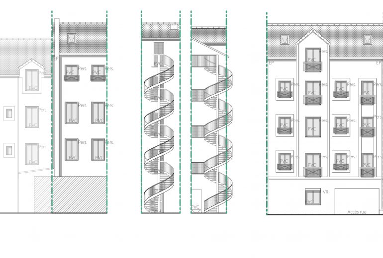 plan aménagement accès escalier entre deux immeubles
