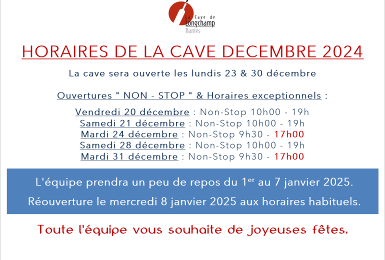 Horaires de la Cave pour la fin de l'année . . . Caviste Epicier