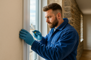 Un artisan installateur vérifie l'étanchéité d'une fenêtre nouvellement posée dans une maison à Saint-Herblain, en Loire-Atlantique. Cette action témoigne de son savoir-faire et de l'importance de la qualité dans la pose de fenêtres pour assurer une bonne isolation thermique.